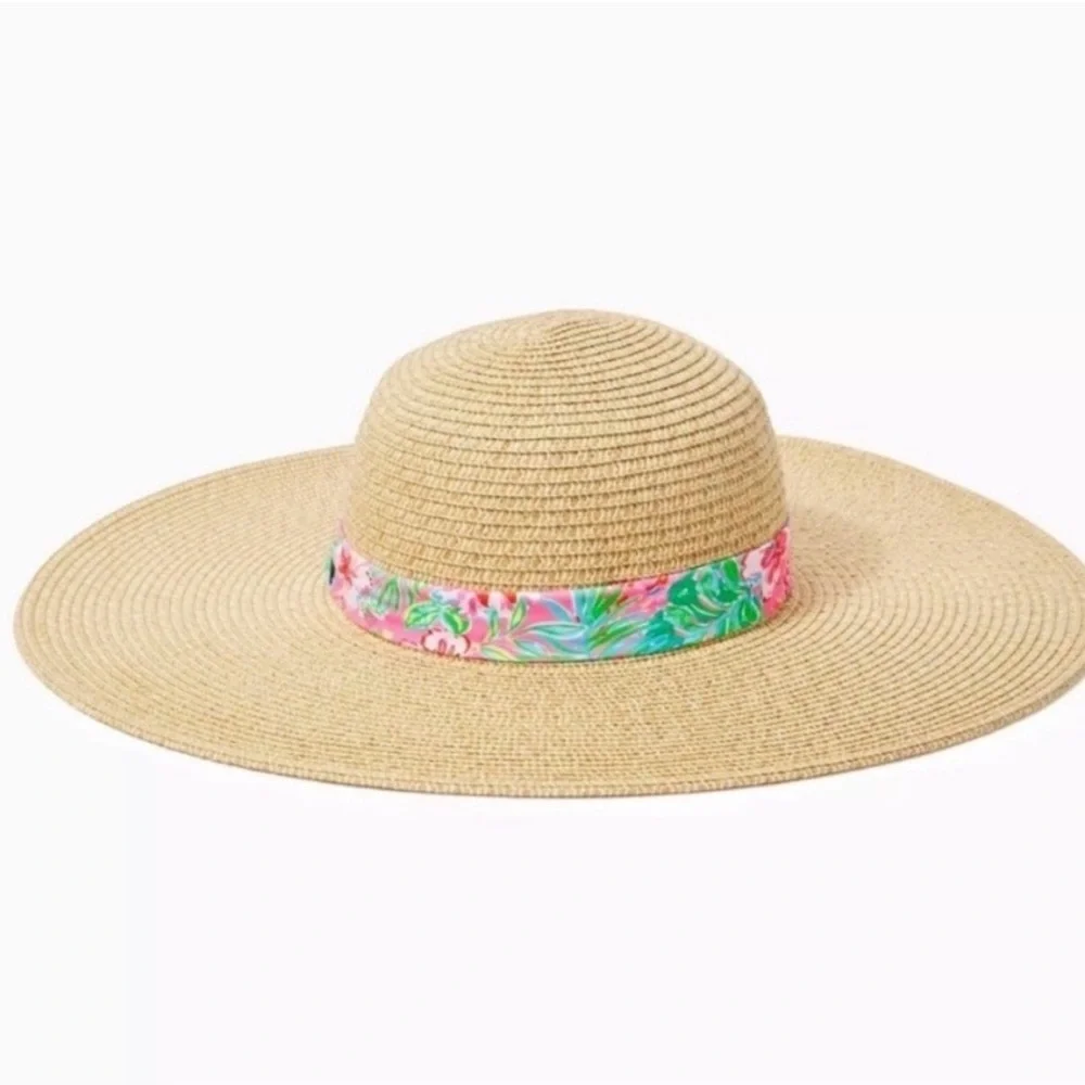 NWOT Lilly Pulitzer Tan Straw Hat Pink Floral Band GWP Journey to the Jungle - Picture 6 of 8